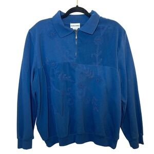 Alfred Dunner Women's XL Blue Floral Embroidered 1/4 Zip Pullover Sweatshirt‎